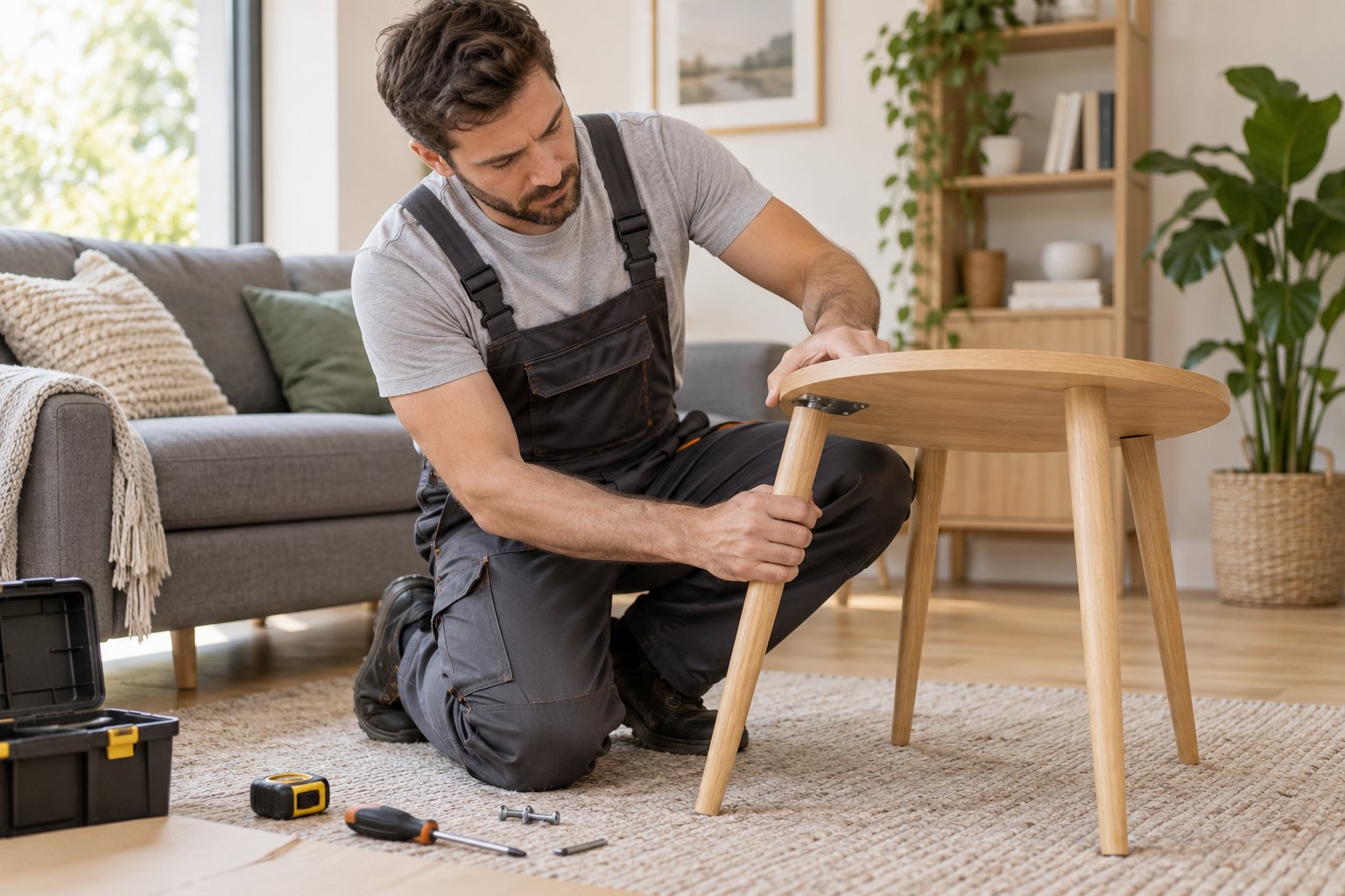 Illustrative handyman assembling a wooden side table