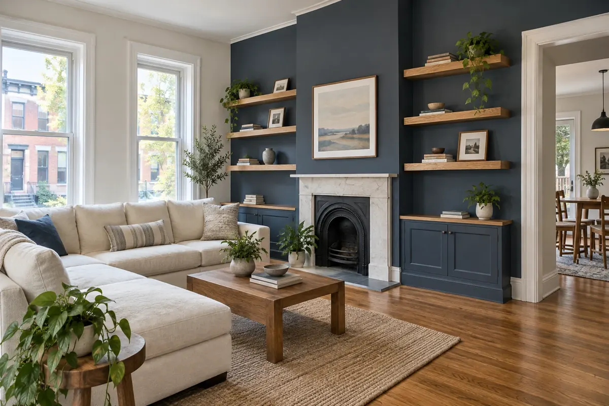 Illustrative living room with oak shelves and a blue accent wall