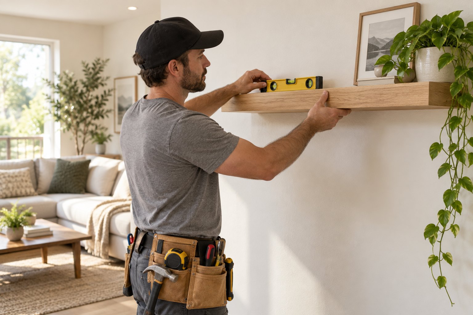 Illustrative handyman checking a floating shelf with a level