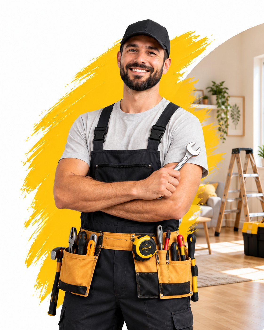 Illustrative handyman with a wrench and tool belt against a yellow brushstroke and bright home interior
