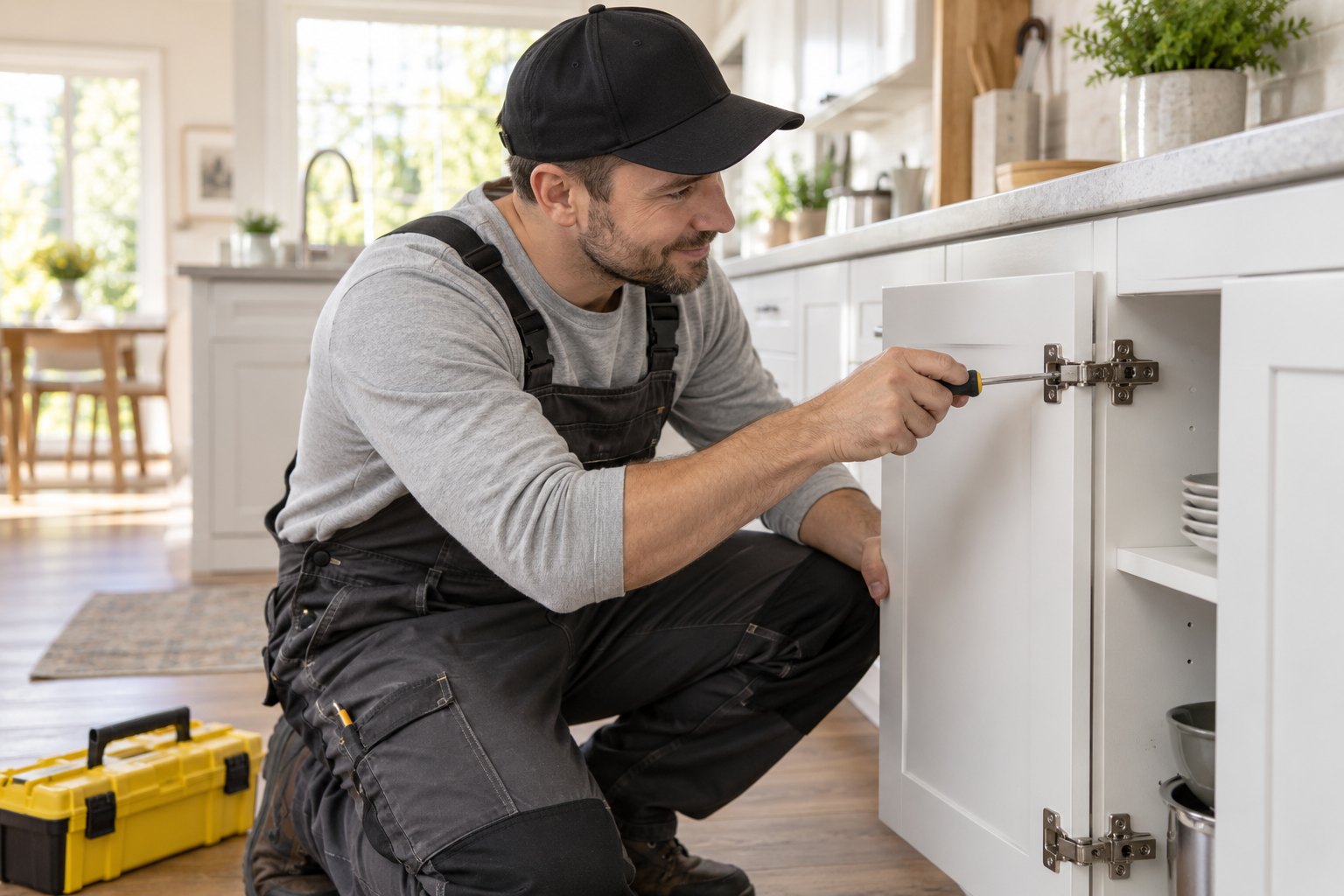 Illustrative handyman adjusting a cabinet hinge